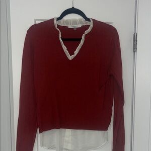 Sioni Red V-Neck Blouse with White Trim
